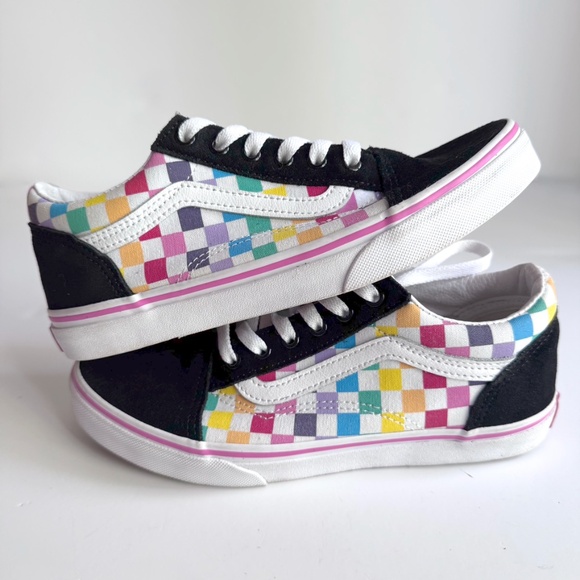 Vans Old Skool Rainbow Checkerboard and Black Suede Shoes Kids Size 5 - Picture 1 of 12